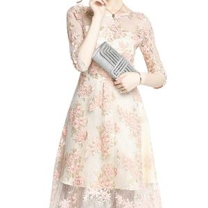 Apricot Embroidered Floral Lace Midi Dress